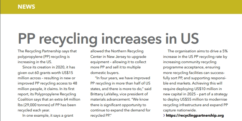 Recyklácia PP sa v USA zvyšuje